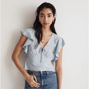 Madewell Tie Front Flutter Sleeve Top V Neck Side Zip Light Blue Sz 6 NWT